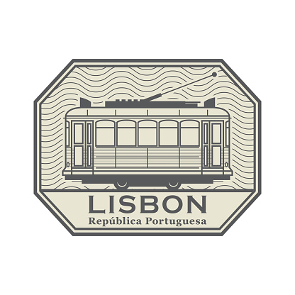 Stamp with Tram and the words Lisbon, Portuguese Republic (on portuguese language) written inside, vector illustration