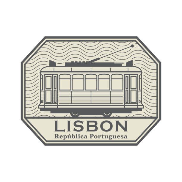 Stamp with Tram, Lisbon Stamp with Tram and the words Lisbon, Portuguese Republic (on portuguese language) written inside, vector illustration rubber rocks stock illustrations