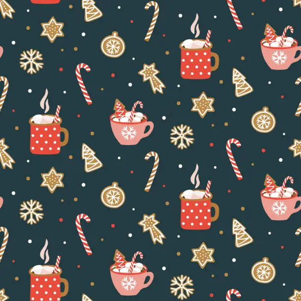 Vector illustration of Cute hand drawn seamless pattern with cocoa, marshmallow and christmas cookies. Vector design template for wrapping paper, fabric, wallpaper , etc.
