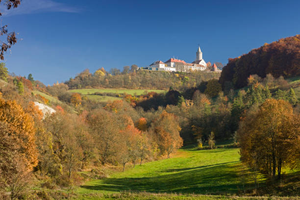 Seitenroda, Germany - November 1, 2015: The Leuchtenburg in Thuringian Forest under clear blue sky.