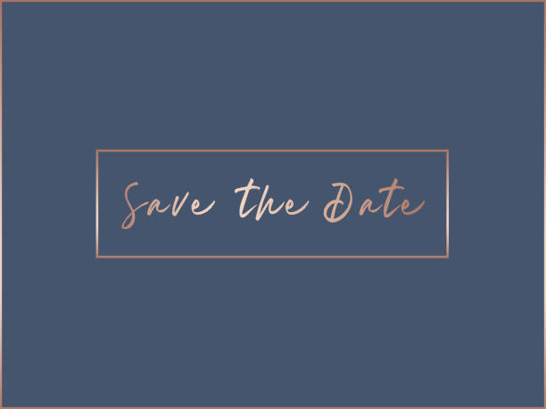 Save the date card - Rose Gold Script With Box Simple save the date card - blue with rose gold writing save the date font stock illustrations