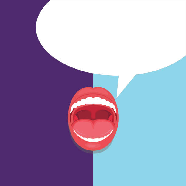 plochý design podnikání vector illustration koncept prázdná šablona kopírovat prostor izolovaný plakáty kupóny propagační materiál open mouth expressive surprise gaping red lips teeth blank speech bubble - mandle lidská ústa stock ilustrace