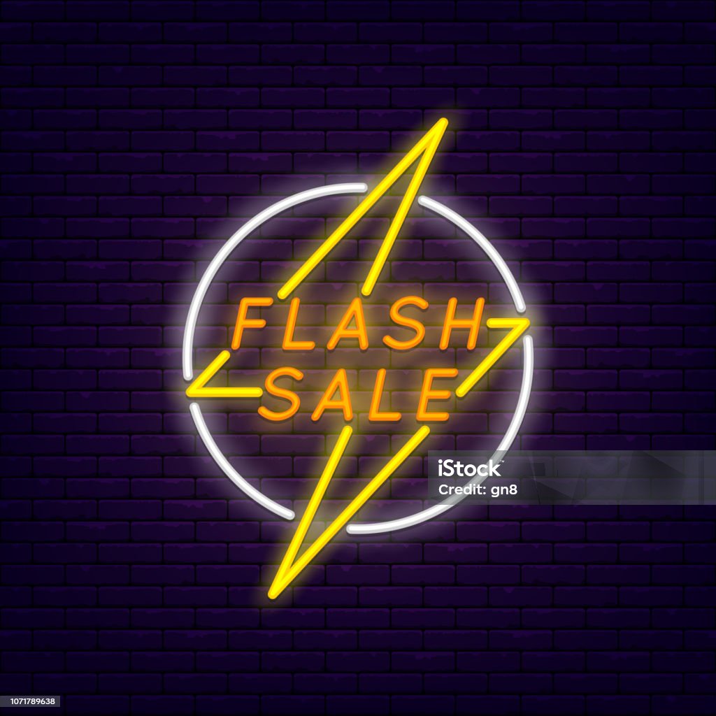 Flash sale banner Flash sale colorful neon banner at brick wall. Lightning in circle. Element for presentations, banners, flyers. Vector, isolated, eps 10. Sale stock vector