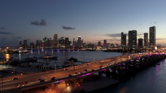 Aerial Miami Downtown at dusk from the Venetian causeway