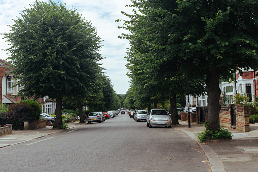 Typical street in London suburb with terraced houses and linden trees along it