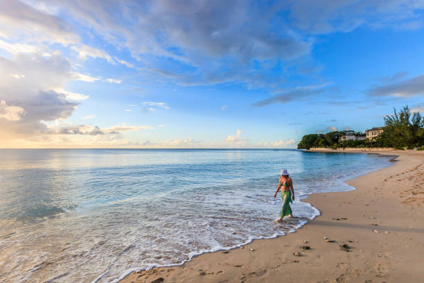 barbados, paynes bay bei sonnenuntergang - women sarong beach white stock-fotos und bilder