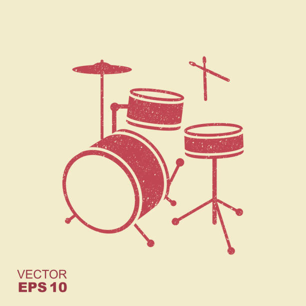 красный силуэт барабана в простом стиле с потертый эффект в отдельном слое - cymbal drumstick music percussion instrument stock illustrations