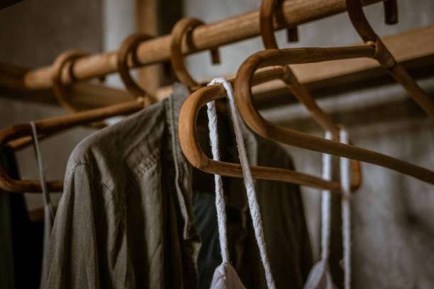 istock Boho chic open wooden clothing rack 1071806450