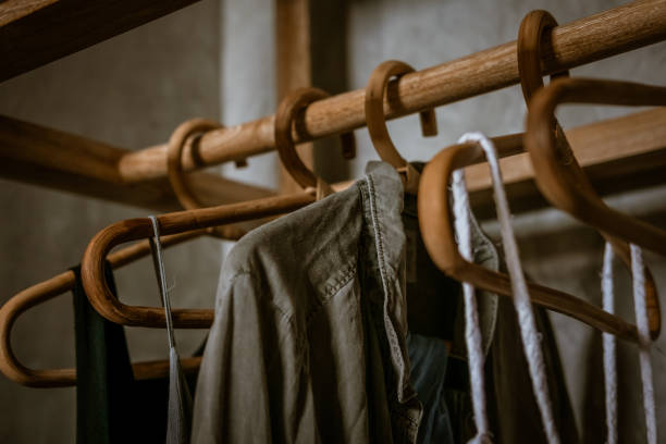 istock Boho chic open wooden clothing rack 1071806464
