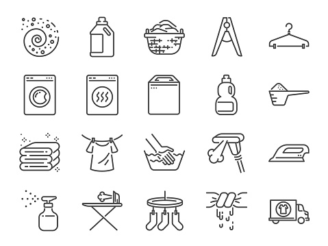 Laundry icon set. Included the icons as detergent, washing machine, fresh, clean, iron and more.