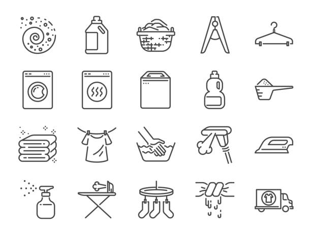 Laundry icon set. Included the icons as detergent, washing machine, fresh, clean, iron and more. Laundry icon set. Included the icons as detergent, washing machine, fresh, clean, iron and more. cleaning product stock illustrations