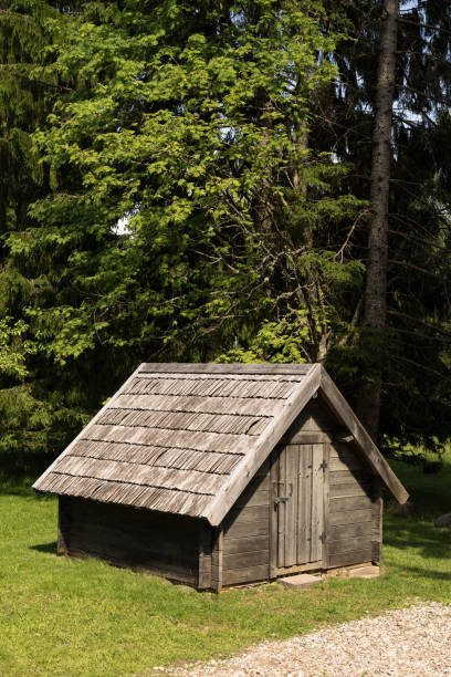istock A wooden barn surrounded by mixed forest. Old cottage on green environment background. 1071814808
