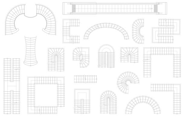 다양 한 형태의 계단의 그래픽 집합입니다. 최고의 볼 수 있습니다. - spiral staircase circle steps staircase stock illustrations