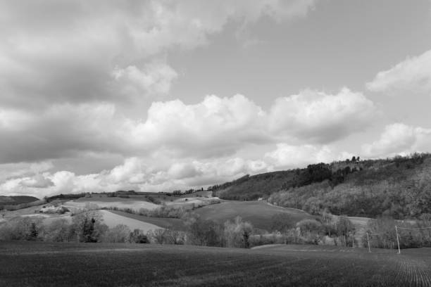 istock Black and white countryside landscape, fields and cloudy sky 1071832126