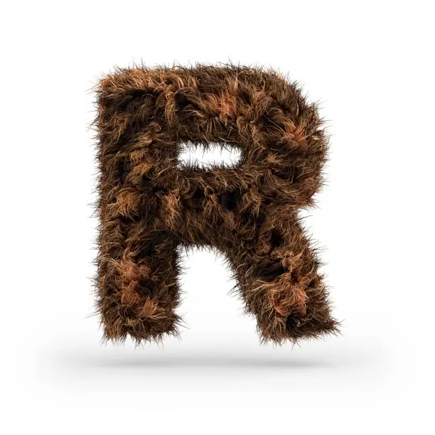 Uppercase fluffy and furry font made of fur texture for poster printing, branding, advertising. Letter R. 3D rendering