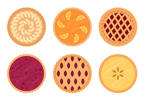 Set of fruit pies. Isolated on white background. Vector illustration.