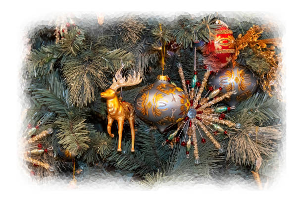istock Decorated Christmas tree closeup, vignette to white background 1071838910