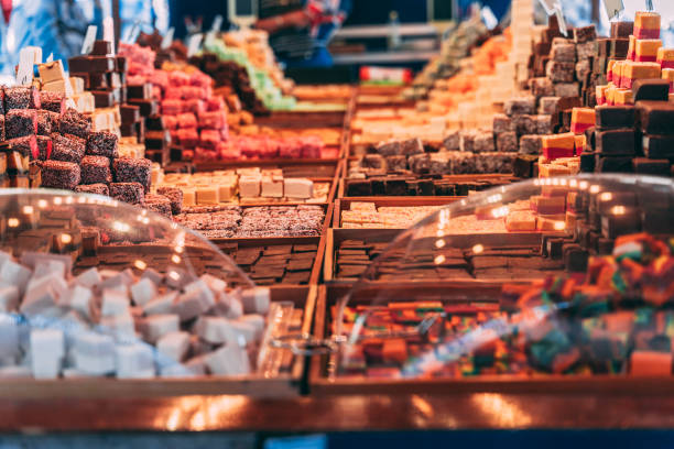 istock Candy market in midsummer. Various sweets for self-service 1071856194