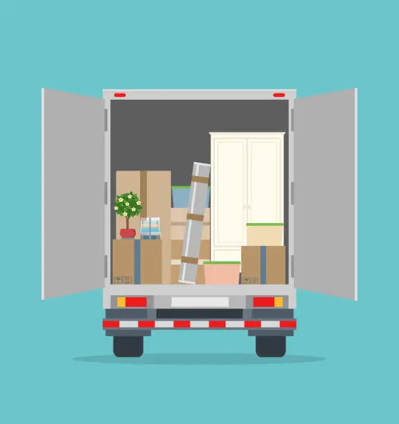 Vector illustration of Moving House. Open delivery truck with furnitures and cardboard boxes.