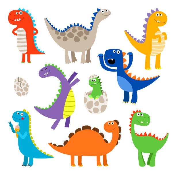 illustrazioni stock, clip art, cartoni animati e icone di tendenza di simpatici dinosauri dei cartoni animati - drago personaggio fantastico