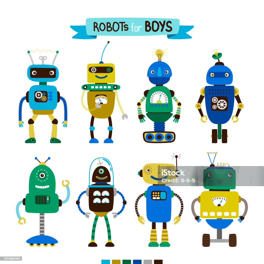 Ilustración de Robots De Dibujos Animados Para Niños y más Vectores Libres  de Derechos de Alegre - Alegre, Amistad, Arte - iStock