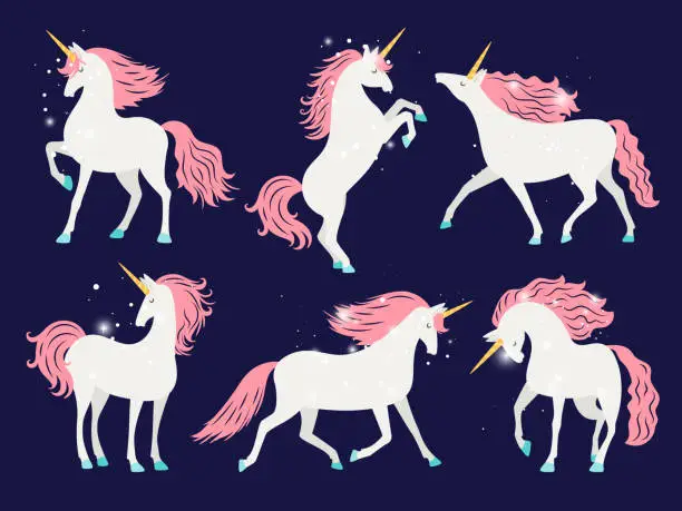 Vector illustration of White unicorn with pink mane. Cartoon pretty unicorn horse with rose mane for girls t-shirt design vector illustration