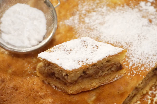 istock Piece of cake with powdered sugar on baked biscuit 1071889342