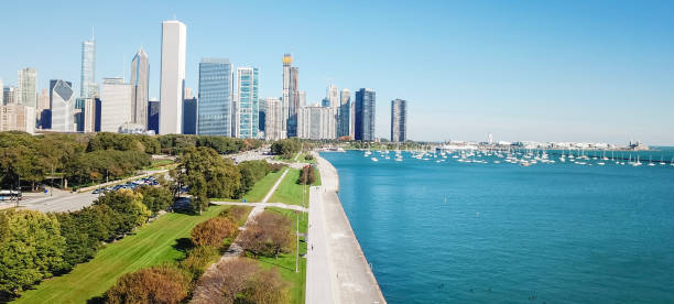 istock Panoramic top view modern Chicago skylines and Lake Michigan 1071891212
