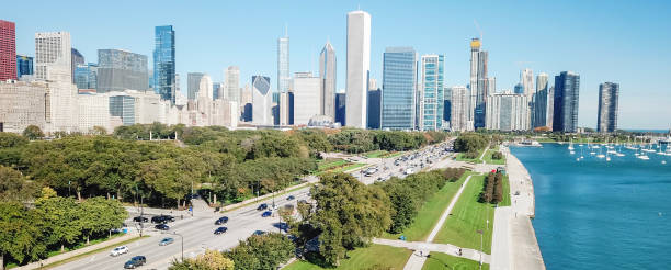 istock Panoramic top view modern Chicago skylines and Lake Michigan 1071892310