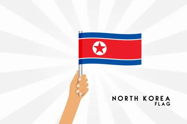 Vector illustration of Vector cartoon illustration of human hands hold North Korea flag. Isolated object on white background.