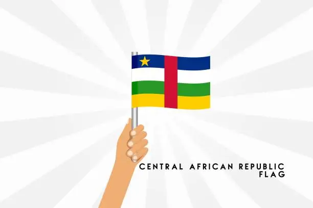 Vector illustration of Vector cartoon illustration of human hands hold central african republic flag. Isolated object on white background.