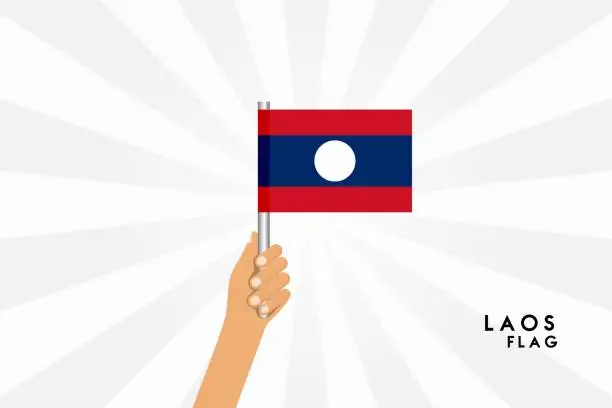 Vector illustration of Vector cartoon illustration of human hands hold Laos flag. Isolated object on white background.