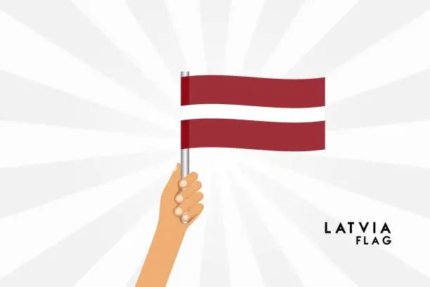 Vector illustration of Vector cartoon illustration of human hands hold Latvia flag. Isolated object on white background.