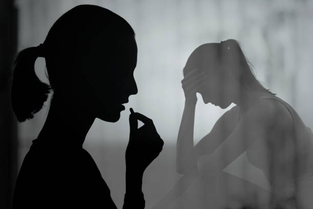 Unhappy woman taking pill-double exposure. Depression, drug abuse and addiction people concept. drug abuse stock pictures, royalty-free photos & images