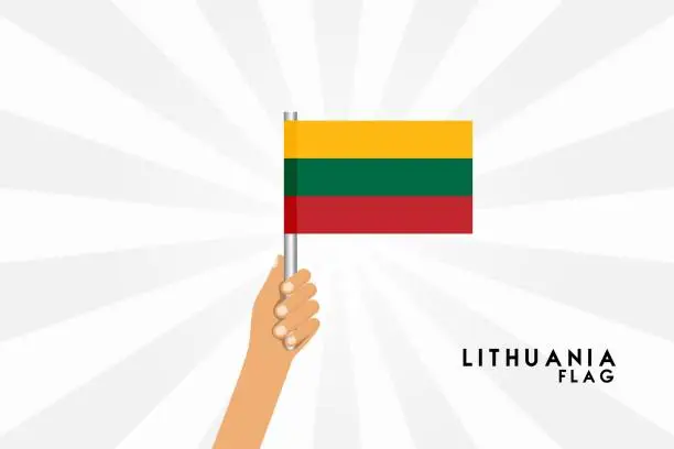 Vector illustration of Vector cartoon illustration of human hands hold Lithuania flag. Isolated object on white background.