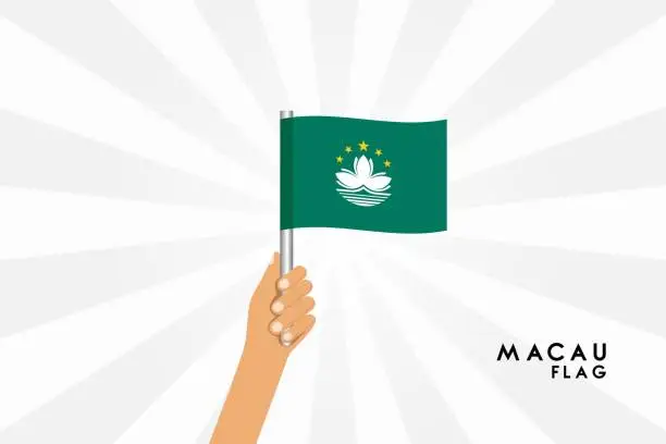 Vector illustration of Vector cartoon illustration of human hands hold Macao flag. Isolated object on white background.