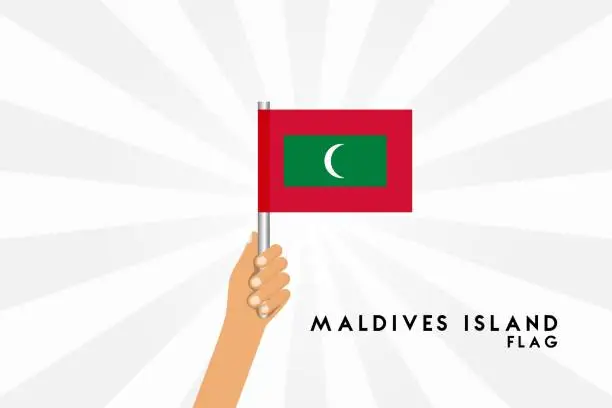 Vector illustration of Vector cartoon illustration of human hands hold Maldives island flag. Isolated object on white background.