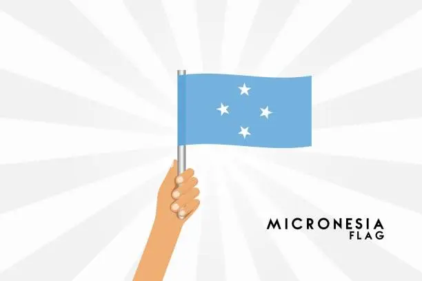 Vector illustration of Vector cartoon illustration of human hands hold Micronesia flag. Isolated object on white background.