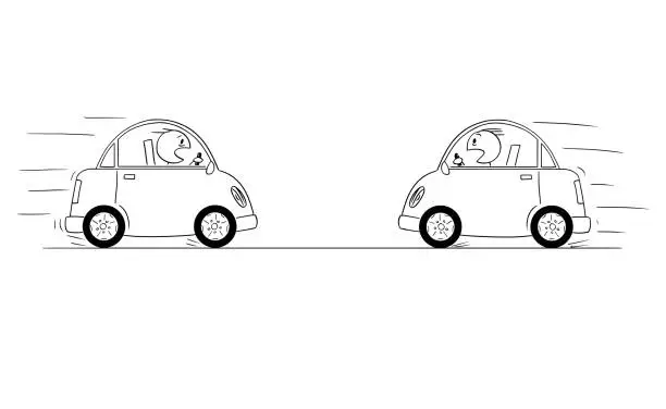 Vector illustration of Cartoon Drawing od Two Cars Driving Against Each Other Just Moments Before Head-on Collision Crash Accident