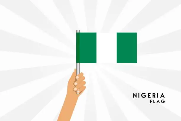Vector illustration of Vector cartoon illustration of human hands hold Nigeria flag. Isolated object on white background.
