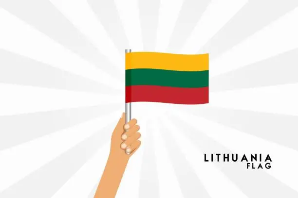 Vector illustration of Vector cartoon illustration of human hands hold Lithuania flag. Isolated object on white background.