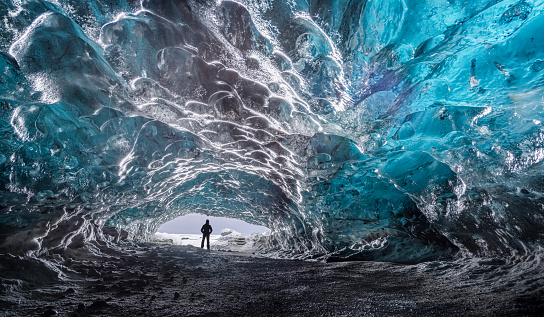 Blue ice and crystal caves from Vatnajökull ice cave, the largest and most voluminous ice cap in Iceland, and one of the largest in area in Europe