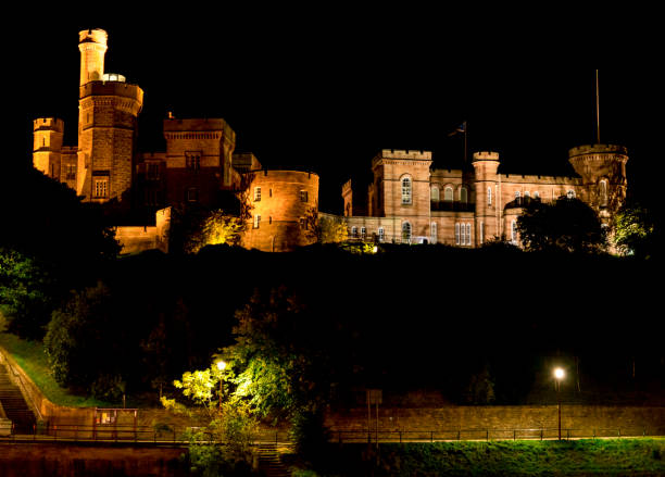Night view of lighted Inverness Castle, Scotland stock photo