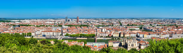 Panorama of Lyon from the Fourviere hill. France Panoramic view of Lyon from the Fourviere hill. Auvergne-Rhone-Alpes, France fourviere stock pictures, royalty-free photos & images