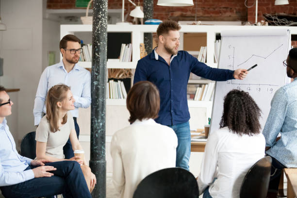 istock Male employee present business strategy on flipchart during meeting 1071915676