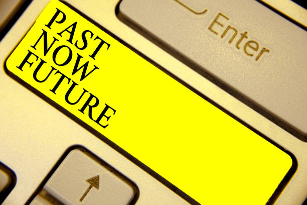 writing note showing past now future. business photo showcasing last time present following actions destiny memories keyboard yellow key intention computer computing reflection document. - intention street guidance the way forward imagens e fotografias de stock