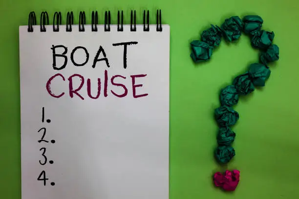 Photo of Text sign showing Boat Cruise. Conceptual photo sail about in area without precise destination with large ship Open notebook crumpled papers forming question mark green background.