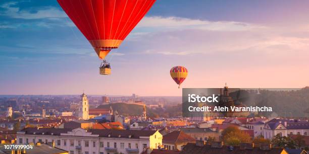 Hot Air Balloons Flying Over Vilnius Stock Photo - Download Image Now - Lithuania, Vilnius, Hot Air Balloon