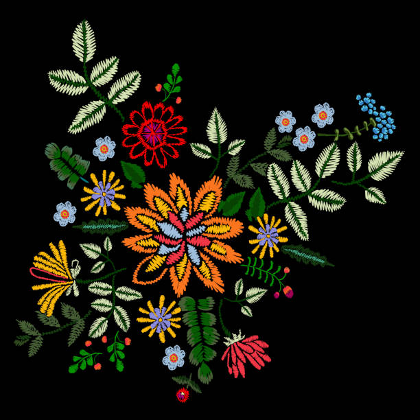 ilustrações de stock, clip art, desenhos animados e ícones de embroidery neckline floral pattern with bright flowers. - embroidery seam shirt sewing