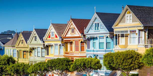 painted ladies at alamo square, san francisco, california, usa - row house architecture tourism window imagens e fotografias de stock